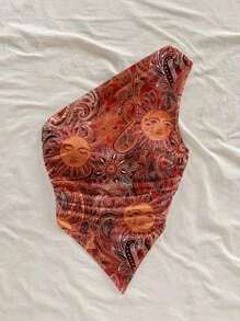 Soleia Blusa de hombro con bajo asimétrico con estampado de paisley en forma de sol vintage, apropiada para el estilo de vacaciones de verano