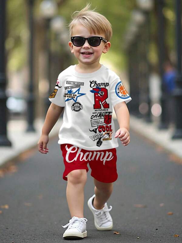 SHEIN 2pcs/Set Basketball Uniform For Young Boys, Casual Minimalist Design Short Sleeve T-Shirt And Shorts, Suitable For Summer