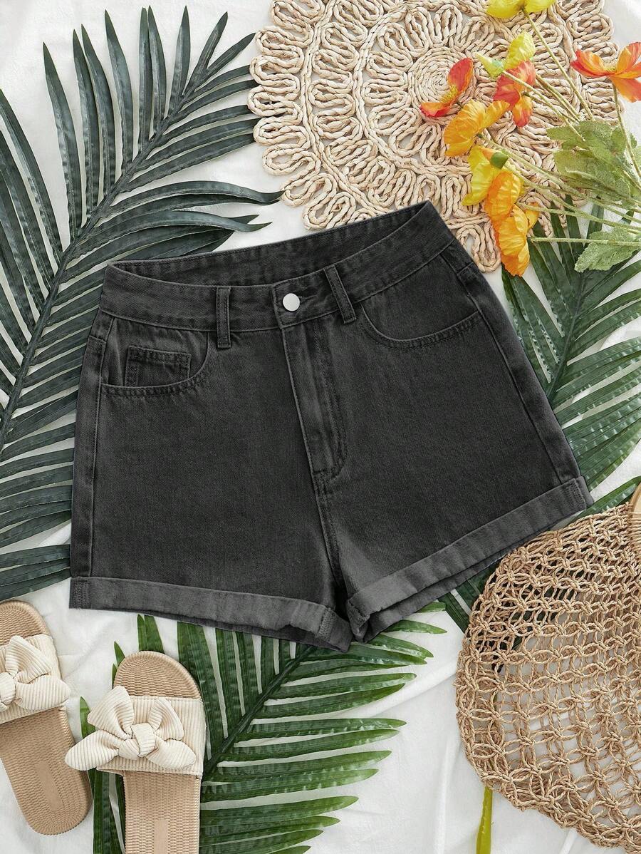 SHEIN EZwear Quần short denim đa năng thường ngày có túi bo gấu dành cho nữ - màu đen - Xem 1