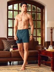 Vintage British Style Casual Loose Gentleman Green Men Pajama Bottoms Sleep Shorts - Green - View 3