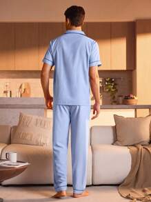Manfinity Underwear&Sleepwear Basics Heren Blauw Korte mouwen En Lang Broeken Huiskleding Sets