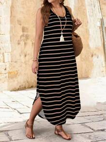 Breezaya Plus Size Casual Striped Sleeveless Split Hem Dress, Summer Maxi Women Outfit - Multicolor - View 5
