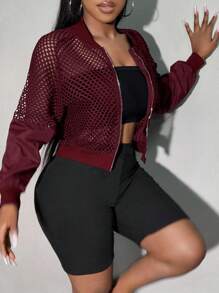 SHEIN SXY Women's Sheer Sleeve Patchwork Cropped Baseball Jacket In Fall/Winter - Burgundy - View 7