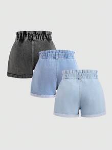 Sparklyn 少女三件套牛仔短裤：3条不同颜色的宽松腰部牛仔短裤，时尚百搭的夏季水洗牛仔短裤 - 彩色 - 查看 8