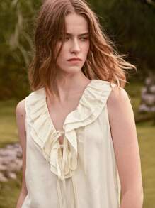 Lumivelle Elegant Flouncing Sleeveless Blouse, Solid Color, Summer - Apricot - View 7