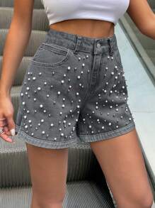 EURMUSE Quần short denim thường ngày mùa hè 100% cotton có đính đinh tán trang trí - Màu Xám nhạt - Xem 6