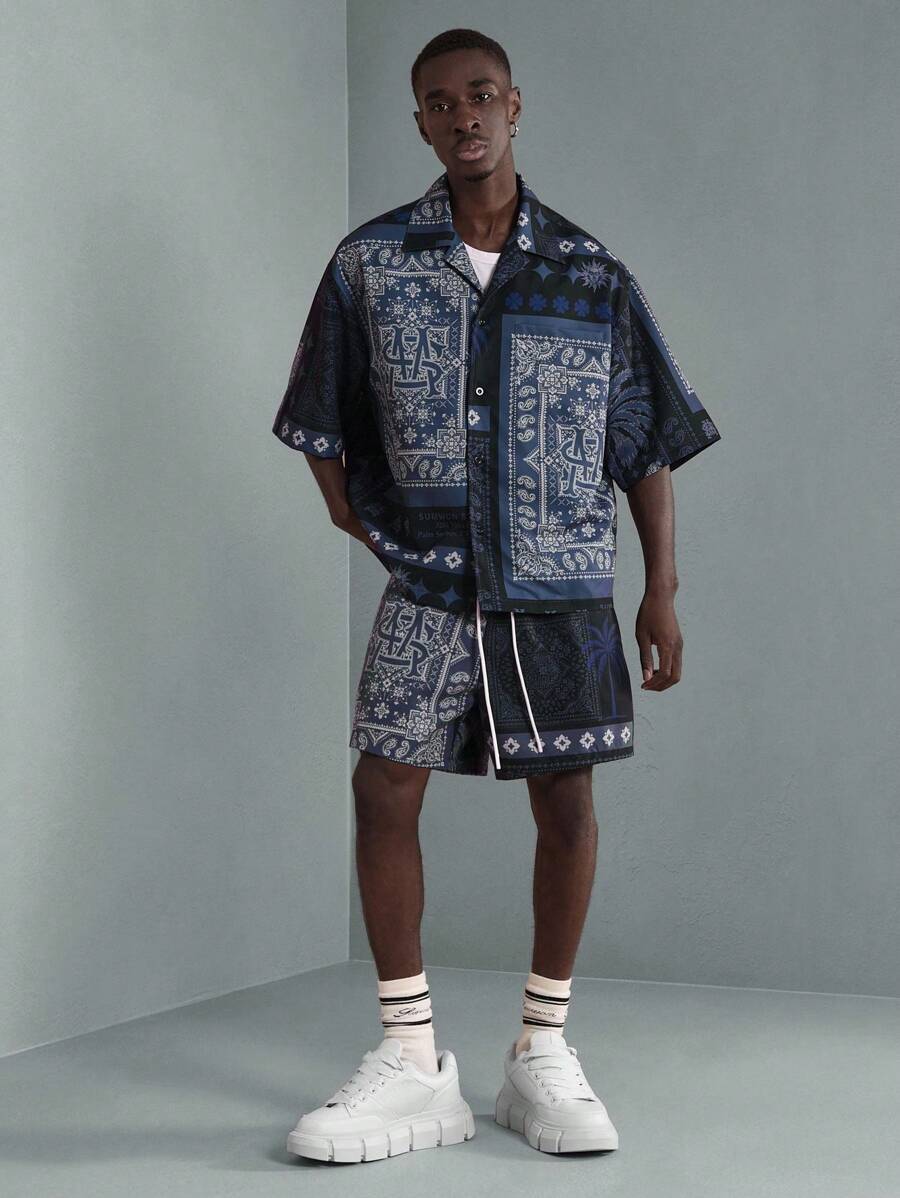SUMWON Designer Bandana Print Short Sleeve Shirt And Shorts Set Casual Summer Beach Holiday Festival Wear Urban Street Style Matching Two-Piece Set - Navy Blue - View 1