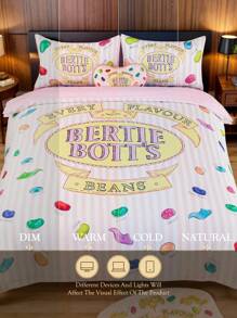 HARRY POTTER X SHEIN 3pcs Bedding Set, Jelly Bean Print Pattern, Pink Duvet Cover, Comfortable Soft Warm Washable, Suitable For Twin/Full/Queen/King Size Bed, Dorm/Home,Christmas