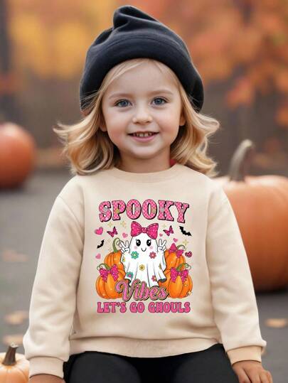 SHEIN 1 Piece Girls Casual Cute Bow, Pumpkin & Letter Print Warm Sweatshirt, Suitable For Halloween Party And Daily Wear, Autumn/Winter Halloween Girls Clothes Fall Girls Clothes
