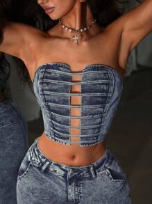 SHEIN ICON 女士镂空设计短款性感修身牛仔紧身背心 - 淺色水洗藍 - 查看 6