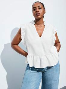 Maija Plus Size White Ruffle Sleeve V-Neck V Neck Casual Top, Fall Autumn Back To School Homecoming Modest Vintage Women Old Money Teacher Romantic, Fashion, Versatile; Comfortable, Stylish, Elegant, Casual, Simple Daily Wear, Essential, Solid Color, Holiday Casual, Decent, Single Lady, Elegant Fashion Business Casual Woman Going Out Tops Graduation Teacher - White - View 6