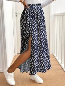 SHEIN Frenchy 蓝色女士休闲度假高开叉喇叭裙，碎花图案，适合夏季 - 彩色 - 查看 7