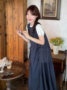 DAZY Korean Style Washed Casual Denim Dress For Women - Blue - View 4
