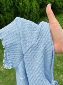 SHEIN EZwear Women Plus Size Waffle V-Neck Tied Front Bow Cropped T-Shirt, Solid Color For Summer - Baby Blue - View 7