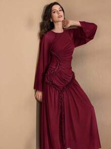 Graceveil Women's Ultra Long Spring & Summer Mesh Knit Ruffle Hem Split Modest Elegant Charming Fashion Dress - Burgundy - View 3