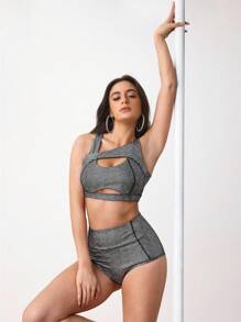 Menodora SHEIN Sport Damski czarny rozciągliwy zestaw sportowy z powłoką ze skóry węża do tańca na rurze i na scenę