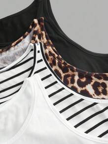 SHEIN EZwear Bộ 4 áo ba lỗ nữ thường ngày, họa tiết kẻ sọc và da báo, áo ôm vừa vặn đa năng, thích hợp mặc ở sân bay, trở lại trường, áo mùa hè - Nhiều màu - Xem 11