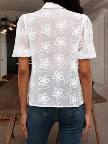 INAWLY Women's Embroidered Button See-Through Short Sleeve Casual Blouse For Summer - White - View 2