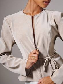 COSMINA Áo khoác lửng thắt lưng da lộn thời trang thu thường ngày cho nữ - Màu Khaki - Xem 3