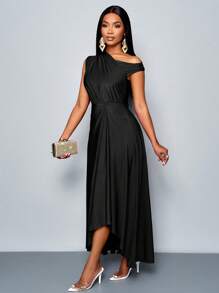 SOLERSUN 女式春夏时尚优雅约会派对紫色弹力针织舒适褶皱细节垂坠连衣裙不对称领口不对称下摆开衩长裙 - 黑色 - 查看 4