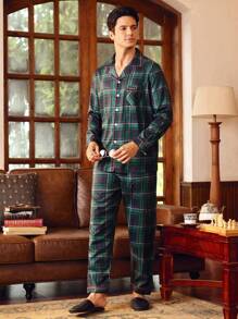 EverLounge Men Plaid Print Button Front Shirt & Pants PJ Set / Pajama Set, Fall Clothes - Army Green - View 5