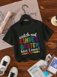 SHEIN Young Girls Casual Fashionable Comfy Cute Crayon & Alphabet Print Short Sleeve T-Shirt, Suitable For Kindergarten Wear, Summer, School, Campus, College - Black - View 3