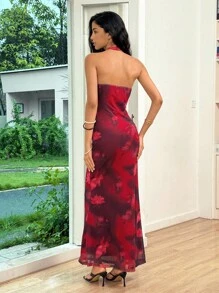 Rafferiza Summer Elegant Sexy Floral Print Sheer Draped Neck Backless Dress Summer Dress - Burgundy - View 2