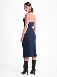 Daynim Váy denim dài vừa phải hở lưng thường ngày cho nữ - Rửa tối - Xem 2