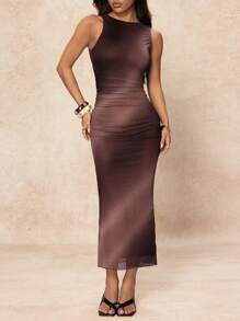 SHEIN PETITE 女士渐变色褶皱圆领无袖紧身连衣裙 - 棕色 - 查看 7