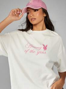 Missguided x Playboy Camiseta holgada con estampado gráfico de conejo del año, de algodón, cómoda y casual, para usar en primavera y verano, prenda básica, ropa de estar por casa, camiseta con mensaje, moda urbana