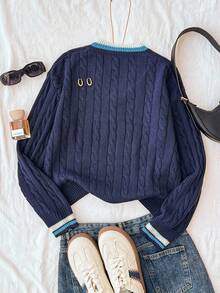 SHEIN 少女 V 领麻花针织长袖套头衫，撞色，学院风，休闲，基本款 - 寶藍色 - 查看 2