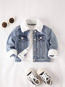SHEIN Playful Pals Newborn Baby Boy Washed Casual Loose All-Match Denim Jacket & Coat, Turndown Collar, Lamb Wool Lining, Comfortable & Warm, Minimalist & Fashionable, Suitable For Autumn/Winter Fall