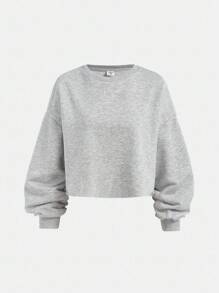 SHEIN Girlism 少女针织短款长袖运动衫，浅灰色学院风简约休闲风格圆领 - 灰色 - 查看 1