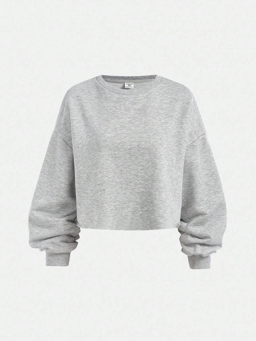 SHEIN Girlism 少女针织短款长袖运动衫，浅灰色学院风简约休闲风格圆领 - 灰色 - 查看 1