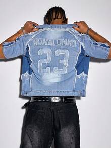 ROMWE MEN Prep Men's Denim Digit Patch Zip Front Casual Washed Top - Blue - View 1