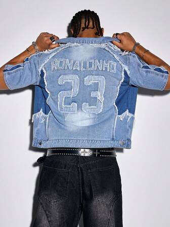 Street Life Herren Denim Ziffern Patch Reißverschluss Vorne Lässiges Gewaschenens Top