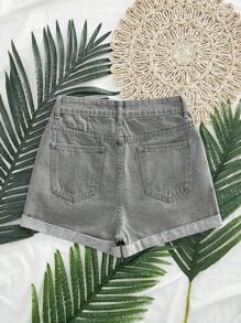 SHEIN EZwear Quần short denim viền xoăn phai màu thường ngày mùa hè - Màu Xám nhạt - Xem 2