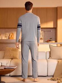 SHEIN Provexi Men Striped Print PJ Set / Pajama Set, Fall Winter Clothes - Light Grey - View 2