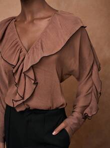 Zivah 2025 夏季新款母亲节、婚礼、生日派对、休闲、度假、时尚、街头风格、优雅、商务休闲女士宽松深 V 领荷叶边袖拼布衬衫 - 棕色 - 查看 2