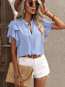 SHEIN Clasi Blusa Solta com Babados na Manga, Gola V e Cor Sólida Minimalista para Férias Femininas - Azul bebê - Visão 5