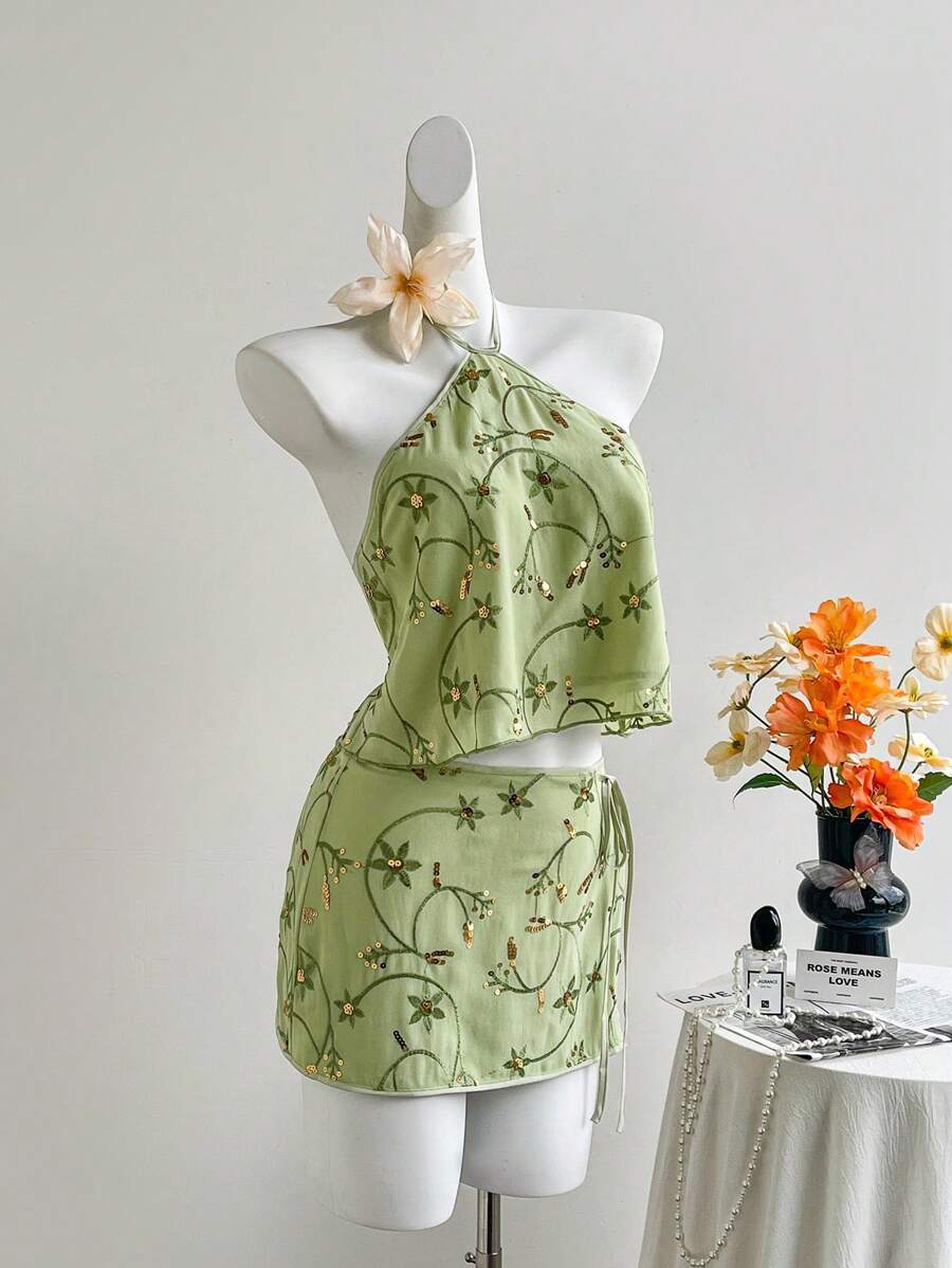 Sweetra 女士新款系带露背上衣和绿色迷你 A 字裙套装，适合海滩度假，春夏季 - 綠色 - 查看 1