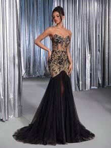 Glamrae 优雅奢华浪漫3D花卉亮片蕾丝抹胸修身美人鱼风格多层网眼垂坠新娘婚纱 - 黑色 - 查看 7