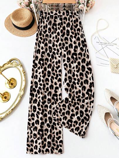 SHEIN LUNE Plus Size Women Leopard Print Casual Pants, Comfortable For Holiday
