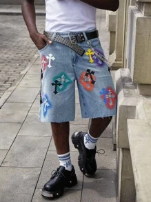 Street Life Men's Cross Print Rhinestone Embellished Denim Shorts - Blue - View 6