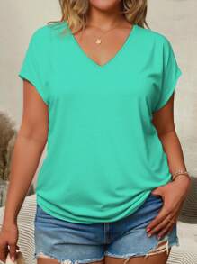 EMERY ROSE Plus Size Women's Solid Color V-Neck Batwing Short Sleeve Casual T-Shirt, Summer - Multicolor - View 1