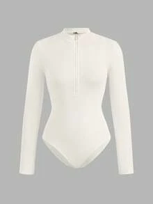 SHEIN EZwear 女式黑白2件套半扣拉鍊高領緊身休閒長袖連體衣 - 黑與白 - 查看 10