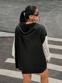 SHEIN EZwear 大码女式撞色长袖抽绳卫衣，秋冬女装 - 黑色 - 查看 2
