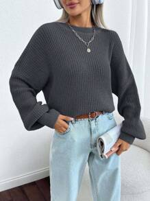 EURMUSE 女士纯色圆领落肩厚实套头衫 - 深灰色 - 查看 5