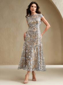 Anewsta 优雅香槟色花卉装饰网眼女士度假连衣裙，闪亮短袖派对/约会连衣裙，春夏装 - 銀色 - 查看 5