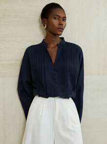 Aveloria Modichic Chic Long Sleeve Shirt With Drawstring Decor At Front & Cuffs Fall Cloth For Women - Navy Blue - View 4